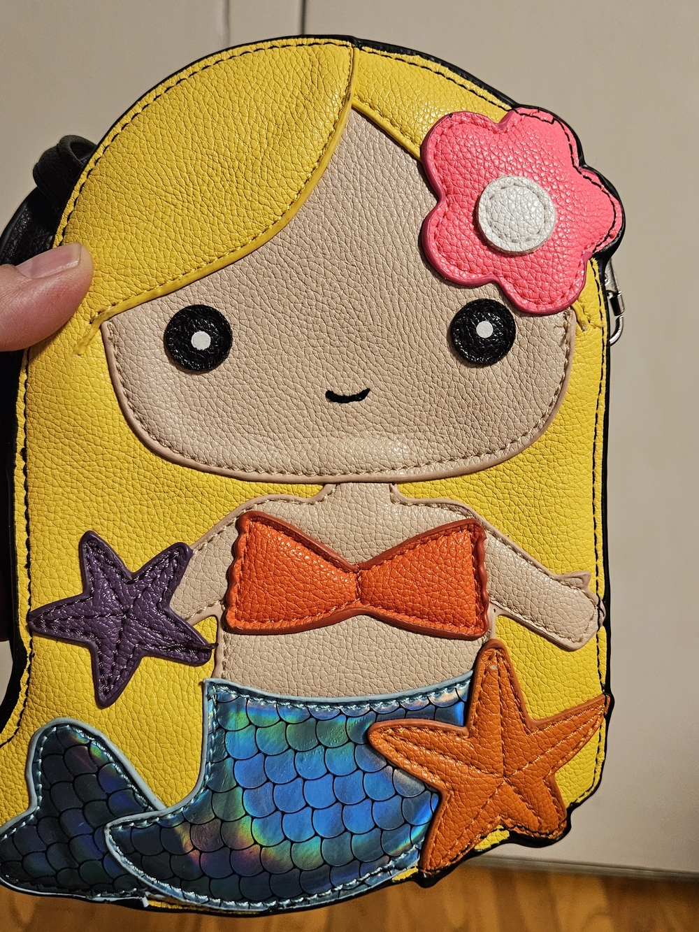 Sleepyville Critters Cute Mermaid Applique Crossbody Bag - Yellow, Orange, Blue